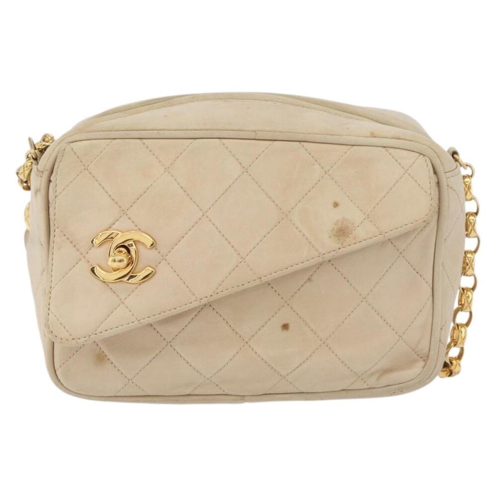 Chanel Matelasse Lambskin Chain Shoulder Bag Ivory Gold CC White